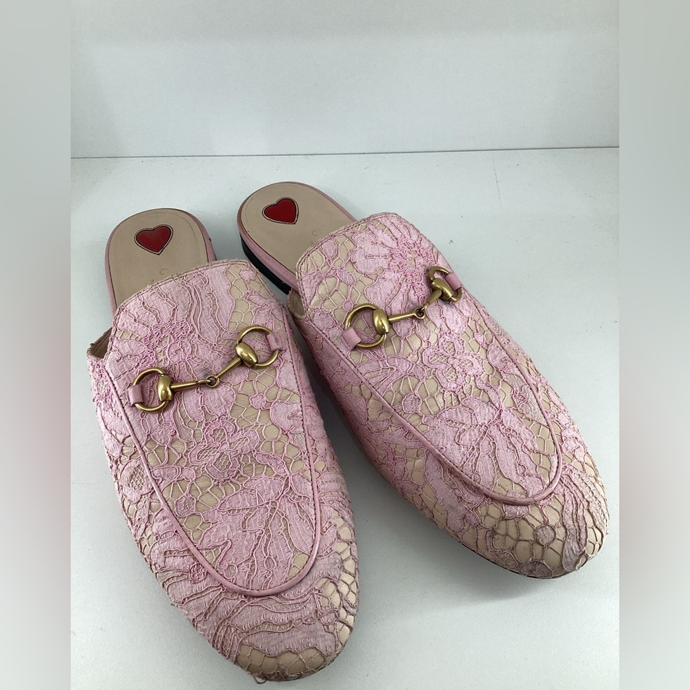 Pre Owned Gucci Mules Sz 39 Pink Lace Overlay Shoe - Picture 2 of 7